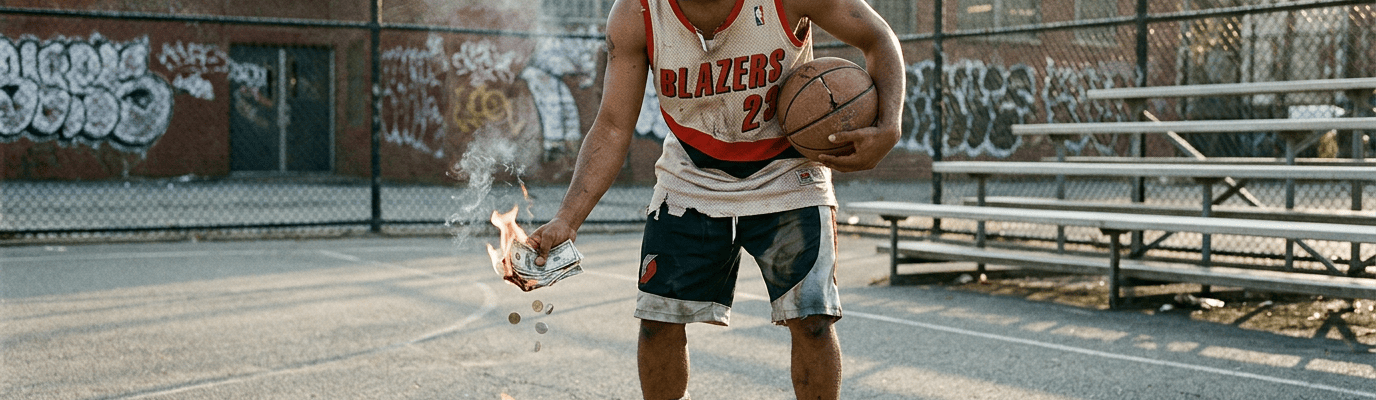 Basketball player in BLAZERS number 23 jersey burns dollar bills